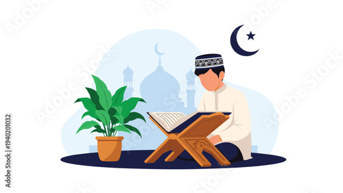 Serene Muslim man in traditional attire reverently reads the Quran from a rehal, with a peaceful mosque silhouette in the background.