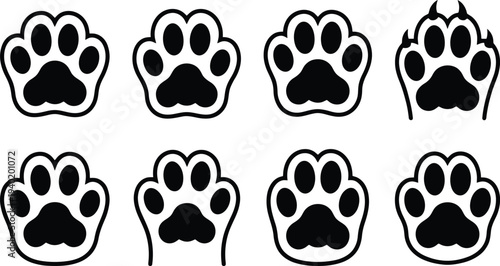 Set of nine distinct animal paw print icons in vector style, showcasing various designs and orientations for creative projects
