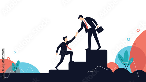 Experienced businessman extends a helping hand to another, assisting him in climbing steps, symbolizing vital teamwork, mentorship, and career support.