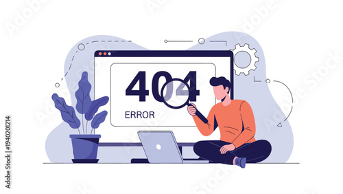Man diligently sits before a computer displaying a "404 Error" page, holding a magnifying glass, symbolizing dedicated web page error troubleshooting and problem-solving.