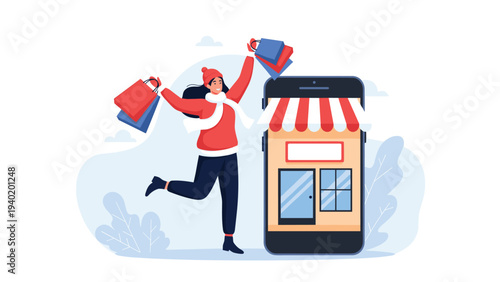Joyful woman with shopping bags enthusiastically jumps next to a giant smartphone displaying an online store, symbolizing exciting online shopping experiences.