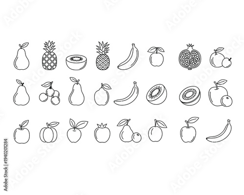 A collection of various fruit illustrations in a simple line drawing style