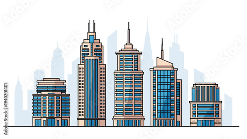 Impressive row of modern city buildings and towering skyscrapers, showcasing diverse architectural styles against a subtle urban backdrop.