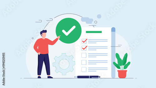 Man confidently points to a comprehensive checklist adorned with a prominent green checkmark, symbolizing successful task completion and efficient project management.