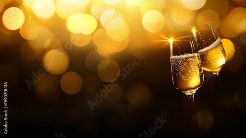 Cheers to Celebration: Two champagne glasses clink in a toast against a backdrop of golden bokeh lights, encapsulating the spirit of joy, festivity, and special occasions.