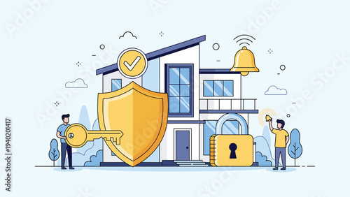 Modern house fortified with comprehensive security elements, including a giant shield, sturdy lock, key, and alarm bell, symbolizing robust home security and property protection.