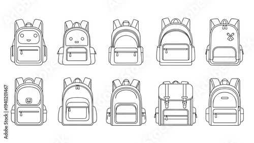 Extensive collection of ten detailed outline drawings showcasing diverse backpack designs, perfect for various school, travel, or fashion themes.