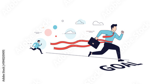 Determined businessman sprints vigorously towards a "GOAL" finish line, with a smaller figure trailing, symbolizing fierce competition and achieving ambitious targets.