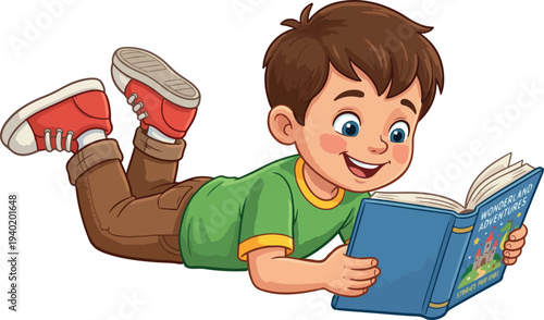 Cartoon child lying on floor reading book, cheerful learning literacy imagination children educational