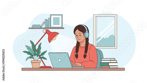 Young woman with braids and headphones diligently works on a laptop at her desk, with a lamp and plant, symbolizing focused remote work or immersive online study.