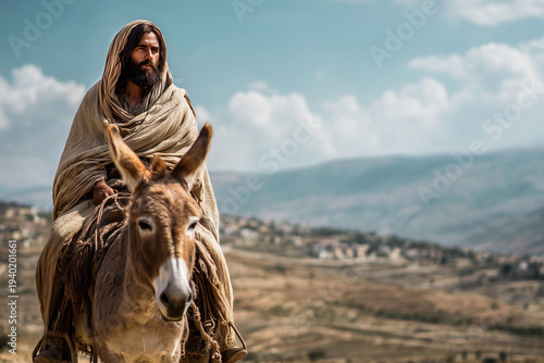 Jesus Christ on a Donkey approaching Jerusalem on Palm Sunday with faithful followers celebrating hope joy worship biblical prophecy