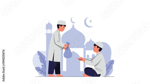 Compassionate Muslim boy generously presents a gift or Zakat to another boy, with a serene mosque silhouette in the background, symbolizing heartfelt charity.