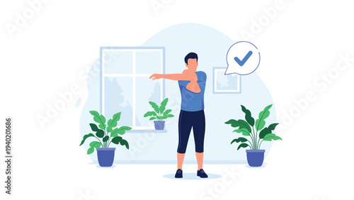 Man confidently performs an arm stretch across his chest, promoting flexibility and well-being, with a visible checkmark indicating proper form.