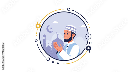 Serene Muslim man reverently prays with hands raised before a mosque silhouette and crescent moon, gracefully framed within a circular design, ideal for Ramadan.