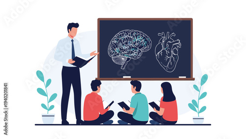 Dedicated teacher lectures attentive students in front of a blackboard adorned with detailed drawings of a brain and heart, symbolizing comprehensive biology and medical education.