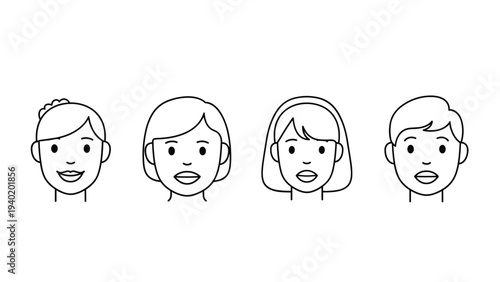 Collection of four cheerful outline drawings depicting diverse, happy faces of men and women, representing amiable people or simple avatars.