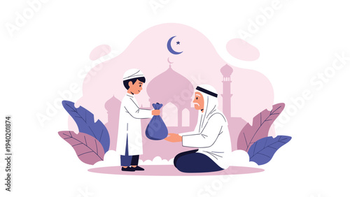 Young boy respectfully gives a bag of alms or zakat to an elderly man, symbolizing generosity and kindness during Ramadan with a mosque background.