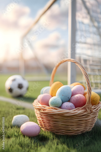 Easter basket with colorful eggs on spring grass at a soccer field, ball and goal behind, warm morning sunlight, bright seasonal sports scene.