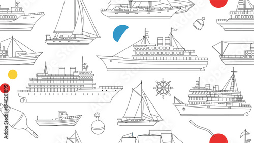 Dynamic seamless outline pattern featuring diverse ships, boats, and buoys, complemented by abstract colored shapes, ideal for maritime themes.