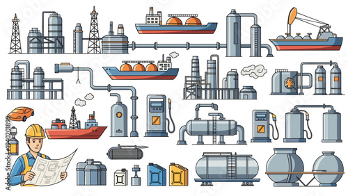 Comprehensive collection of oil and gas industry elements, showcasing various infrastructure, transportation, and equipment with an engineer inspecting plans.