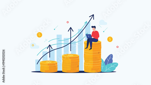 Man with a laptop sits atop stacked coins, surrounded by a rising bar chart and upward arrows, symbolizing strong financial growth and investment success.