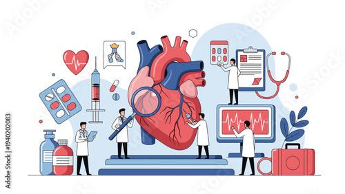 Group of doctors examining a large human heart with medical equipment and charts, symbolizing cardiology, heart health, and medical research.