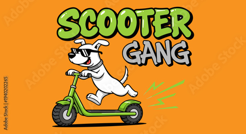 Cool White Dog Wearing Sunglasses Riding Green Kick Scooter with "SCOOTER GANG" Text on Vibrant Orange Background Vector Illustration