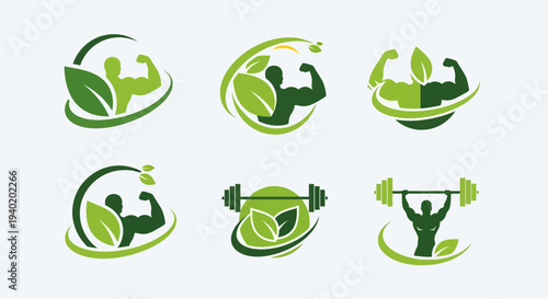 Eco Fitness Logo Set – Green Gym and Healthy Lifestyle Vector Collection