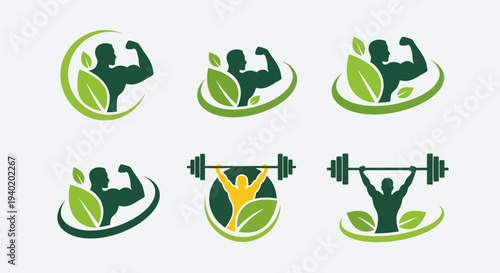 Eco Fitness Logo Set – Green Gym and Healthy Lifestyle Vector Collection