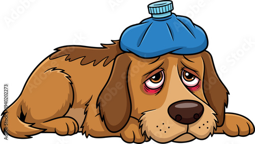 Cartoon sick dog lying down with ice pack, droopy eyes, pet health veterinary care icon