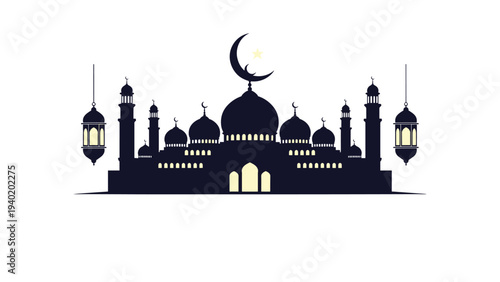 Elegant silhouette of a mosque with multiple domes and minarets, adorned with hanging lanterns, a crescent moon, and a star.