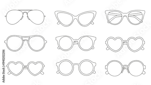 Collection of various outlined sunglasses, featuring diverse styles like aviator, cat-eye, round, and heart-shaped designs, suitable for fashion concepts.