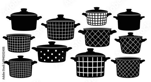 Black and white illustration of assorted cooking pots with lids kitchen utensils on white background for culinary themes