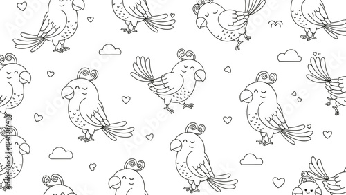 Seamless pattern featuring charming outlined cartoon parrots, interspersed with fluffy clouds and small hearts, on a white background.