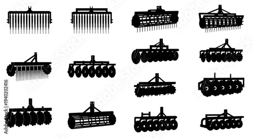 Black silhouettes of various farm equipment and machinery on white background for agriculture and farming concepts