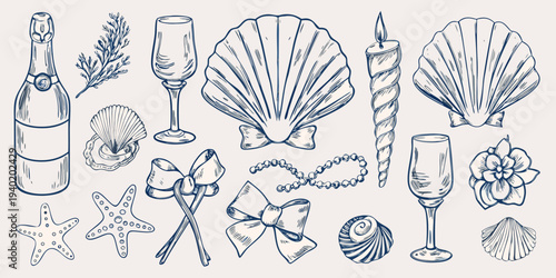 A collection of hand drawn coastal elements including shells and champagne