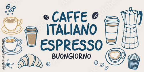 Italian coffee illustration with espresso cappuccino and a croissant