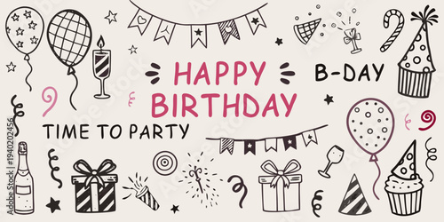 Hand drawn birthday doodles and lettering with celebratory elements