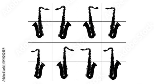 Eight black saxophones arranged in grid pattern on white background
