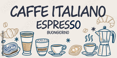 Italian coffee illustration featuring espresso pastries and brewing equipment