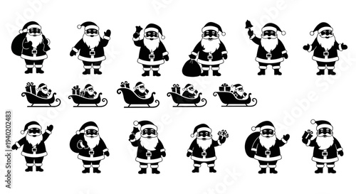 Set of santa claus icons in black and white waving carrying bag and riding sleigh festive holiday graphics