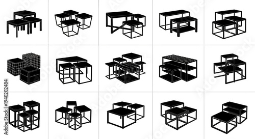 Collection of 3d wireframe furniture models in black on white background for design and architecture