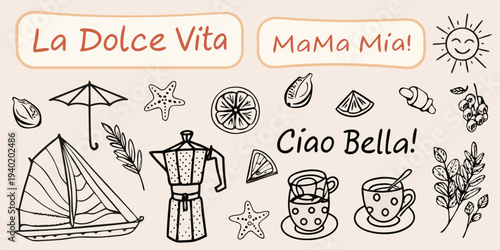 Italian themed doodles with text including la dolce vita and mama mia