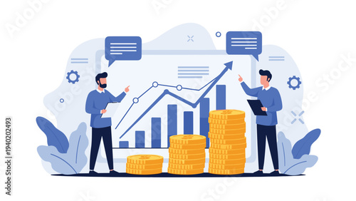 Two businessmen analyze financial charts and growing stacks of coins, symbolizing business analytics, investment strategy, and economic growth.
