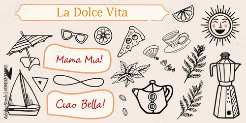 Italian summer themed doodles with text and decorative elements