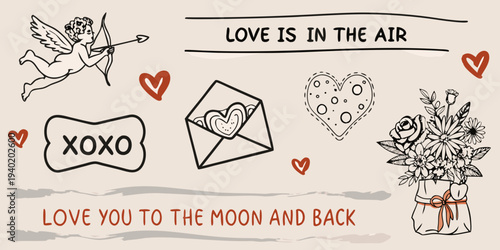 Cupid hearts and flowers illustrate themes of love and affection