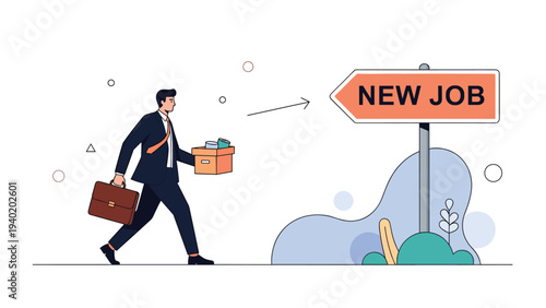 Businessman walks purposefully towards a "New Job" sign, carrying a box of belongings and a briefcase, symbolizing career change and new opportunities.