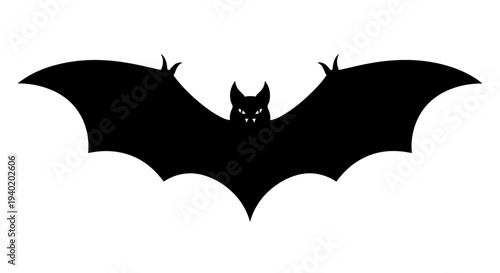 Black bat silhouette flying with spread wings on white background for halloween or spooky themed designs and decorations