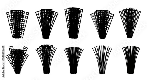 Collection of various whisk kitchen utensils in black silhouette on white background for cooking and baking