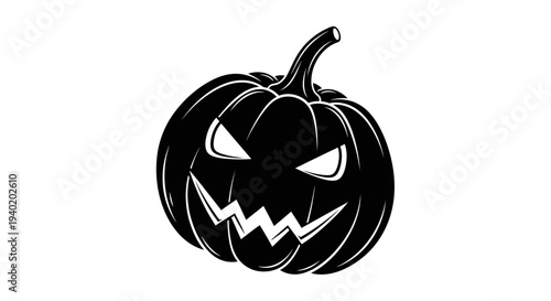Spooky black jack o lantern with glowing eyes and sharp teeth on white background for halloween